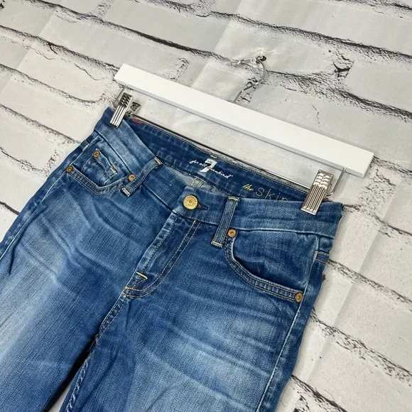 7 For All Mankind Blue Skinny Jeans 25x29 High-Rise Stretch Denim Distressed Y2K - Picture 7 of 16